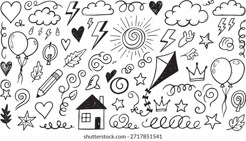 Una colección de ilustraciones de doodle dibujadas a mano con una variedad de Elementos caprichosos como corazones, estrellas, nubes, globos y una casa, perfecto para proyectos creativos.