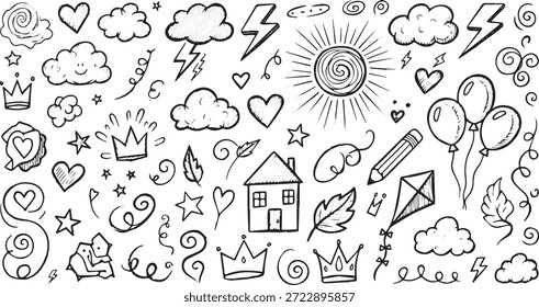 Eine Sammlung von handgezeichneten Doodle-Illustrationen mit einer Vielzahl von skurrilen Elementen wie Wolken, Herzen, Sternen, Kronen, einem Haus, Ballons und anderen dekorativen Wirbel und Formen, alles in einem Sk.