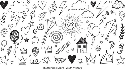 Eine Sammlung von handgezeichneten Doodle-Illustrationen mit einer Vielzahl von skurrilen Elementen wie Herzen, Sternen, Wolken, Blitzen, Sonnen, Ballons, Häusern, Kronen und Blättern, alles in einem verspielten .
