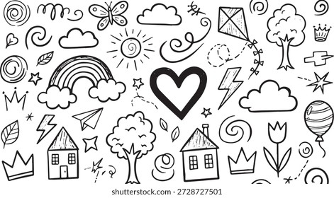 Una colección de ilustraciones de garabatos dibujados a mano con una variedad de Elementos encantadores y juguetones como corazones, nubes, casas, árboles y estrellas, perfectos para diseños infantiles o proyectos creativos.