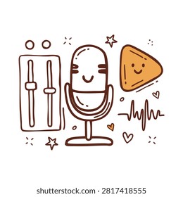 A collection of hand drawn doodle illustrations featuring a cute smiling microphone, audio mixing sliders, and a play button icon with sound waves.