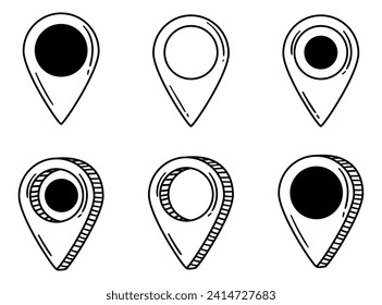 Collection of Hand Drawn Doodle Location Pins. Various Navigation Markers, Pinpoints and Tags for a Whimsical and Informative Touch.