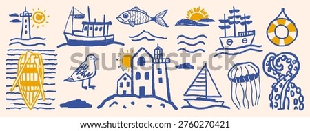 Collection of hand drawn doodle nautical elements with sailing boat, beacon, fish, gull, medusa, and octopus tentacle in minimal blue and yellow sketch style