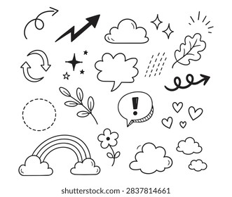 Collection of hand drawn doodle outline icons featuring clouds, rainbow with clouds, raindrops, leafy branch, various arrow shapes, spirals, circular dashed placeholder, sparkling stars, speech