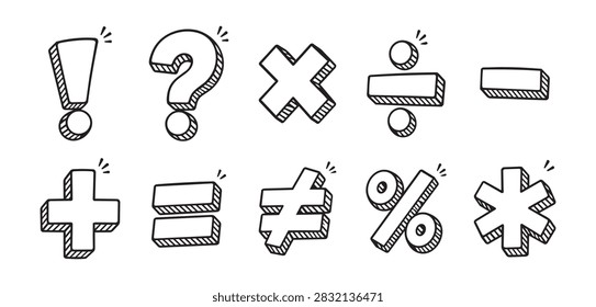 Collection of hand drawn doodle punctuation and mathematical symbols arranged in neat grid on white background, with outline strokes, hatched shading, bold accents, playful sketch style, and clean