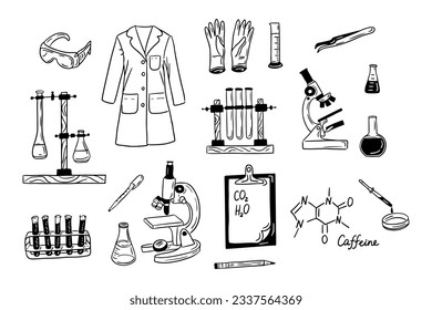 Collection of hand drawn doodle science items. Vector isolated outline elements on white background. Test tubes, microscope, pipettes, tripod. Sketch design. Ideal for coloring pages, stickers, tatoo