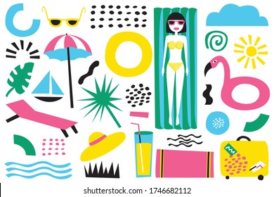 Collection of hand drawn doodle. Set of colorful symbol of beach vacation. 
The girl lies on an air mattress. Sea ​​holiday concept. Bright flat vector illustration isolated on white background.