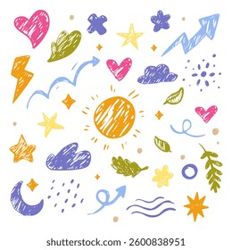 Collection of hand drawn doodle shapes perfect for crafting, stationery design, patterns, backgrounds, and whimsical decorations. Great for creative projects