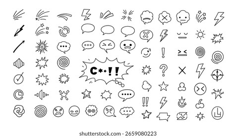 Una colección de burbujas de discurso de doodle dibujadas a mano y emoticonos que expresan varias emociones y acciones para proyectos de diseño