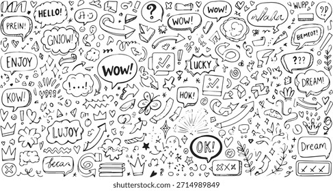 A collection of hand drawn doodle speech bubbles, arrows, stars, and other design elements, perfect for adding a playful and expressive touch to any project.