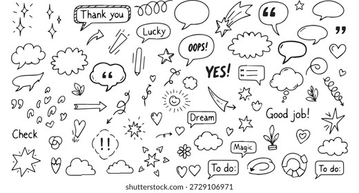 Uma coleção de bolhas de fala de doodle desenhado à mão, setas, estrelas, nuvens e vários elementos de design, perfeito para adicionar um toque lúdico e expressivo a qualquer projeto.