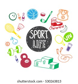 Collection of hand drawn Doodle sport. Sports, football, bowling, tennis, basketball.Cartoon healthy lifestyle set