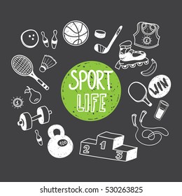 Collection of hand drawn Doodle sport. Sports, football, bowling, tennis, basketball.Cartoon healthy lifestyle set