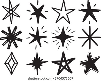 Collection of Hand Drawn Doodle Star Shapes Isolated on White Background