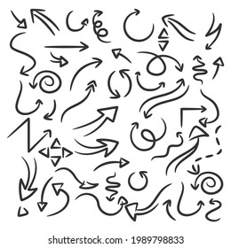 Colección de Flechas de Estilo de Doodle dibujadas a mano aisladas en fondo blanco. Iconos de marca de flecha. Pintura de flecha