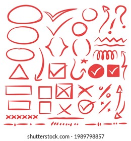 Colección de carátulos dibujados a mano Dibujar señales de dibujo, flechas, corazones, formas, garrapatas