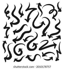 Kollektion von handgezeichneten Doodle-Stilpfeilen einzeln auf weißem Hintergrund. Pfeilmarkensymbole, Pfeil