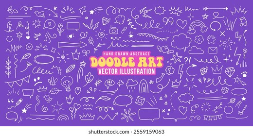 Collection of hand drawn doodle style design element, grunge decorative brush stroke, arrow icon, speech bubble, graffiti, cartoon symbol, cloud, heart, crown, manga shape and punk line art. Anime art