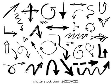 Collection of hand drawn doodle style arrows in various directions and styles