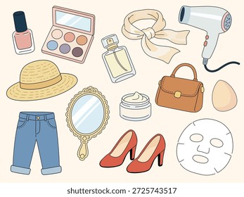 Coleção de ilustrações desenhadas à mão estilo doodle com itens de beleza e moda, incluindo maquiagem, skincare, acessórios e roupas