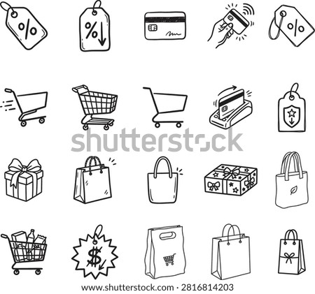 A collection of hand drawn doodle style icons related to shopping, retail, and e-commerce. Includes symbols for discounts, credit card payments, shopping carts, gift boxes, and various shopping bags.