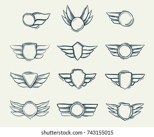 Collection of hand drawn doodled shield military emblems vector illustration