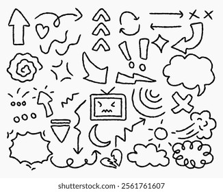 A collection of hand drawn doodles featuring arrows, symbols, clouds, speech bubbles, and fun sketchy elements. Perfect for creative designs, presentations, posters, or social media graphics.