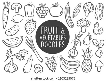 Collection of hand drawn doodles of fruit and vegetables. Can be used to illustrate healthy food, healthy lifestyle or vegetarian and vegan diet.