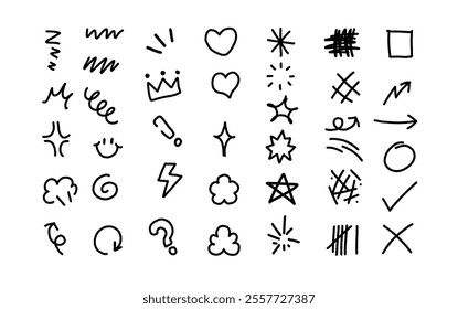 collection of hand drawn doodles including stars, hearts, arrows, and abstract shapes, showcasing playful creativity