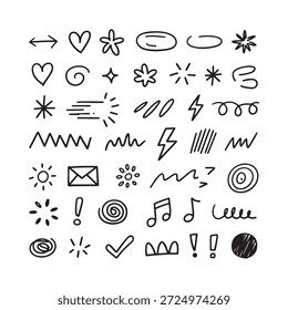 A collection of hand drawn doodles including hearts stars and various abstract shapes