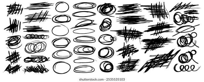 Collection of hand drawn doodles and squiggles for text highlighting sign. Set of different design elements with scribbles texture. Black brush strokes. Simple cute vector swashes and strokes