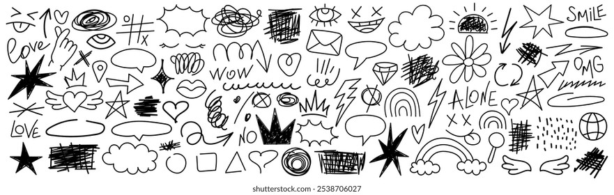 Collection of hand drawn doodles and squiggles for text highlighting sign. Set of different design elements with scribbles texture. Black brush strokes. Simple cute vector swashes and strokes