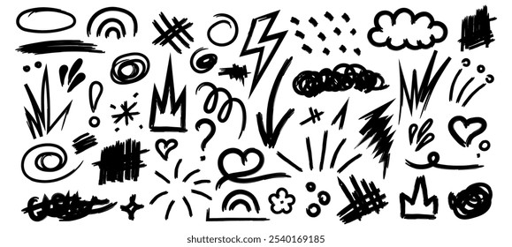 Collection of hand drawn doodles and squiggles for text highlighting sign. Set of different design elements with scribbles texture. Black brush strokes. Simple cute vector swashes and strokes