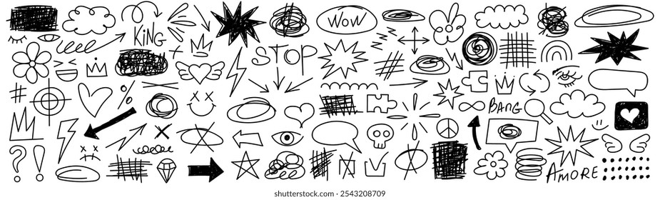 Collection of hand drawn doodles and squiggles for text highlighting sign. Set of different design elements with scribbles texture. Black brush strokes. Simple cute vector swashes and strokes