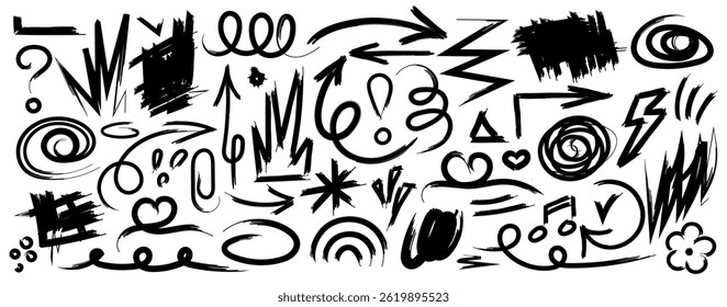 Coleção de rabiscos desenhados à mão e rabiscos para o sinal de destaque de texto. Conjunto de diferentes elementos de design com textura de rabiscos. Traçados de pincel preto. Simples fofo vetor swashes e traços