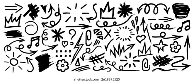 Collection of hand drawn doodles and squiggles for text highlighting sign. Set of different design elements with scribbles texture. Black brush strokes. Simple cute vector swashes and strokes