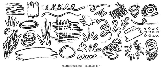 Collection of hand drawn doodles and squiggles for text highlighting sign. Set of different design elements with scribbles texture. Black brush strokes. Simple cute vector swashes and strokes