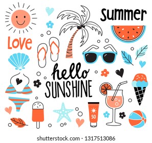 Collection of hand drawn doodles symbolizing summer holidays, free time, leisure, fun at the beach