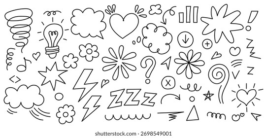 Una colección de garabatos dibujados a mano en un conjunto de Ilustración vectorial. Útil como Elementos de diseño para varios proyectos creativos, scrapbooking, o añadir un toque divertido a las presentaciones.