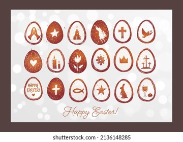 Collection of  hand drawn easter doodles. Easter symbols in eggs on white glowing background