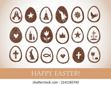 Collection of  hand drawn easter doodles. Easter symbols in eggs in vintage style