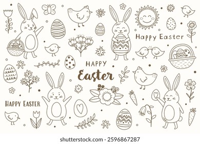 Collection of hand drawn Easter icons: bunny, chick, egg and flowers. Cute cartoon style elements. Vector illustration
