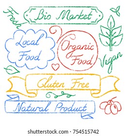 Collection of hand drawn eco food lettering with scrolls and frames