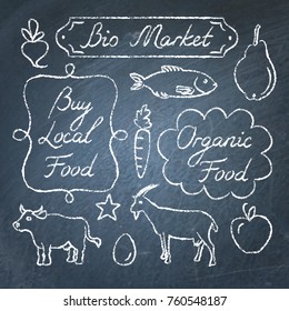 Collection of hand drawn eco food lettering and icons on chalkboard