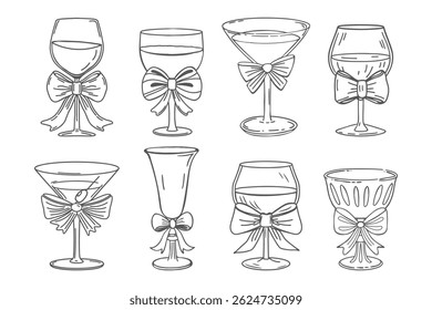 Coleção de coquetel elegante desenhado à mão e copos de vinho com arcos. Ilustração do esboço.