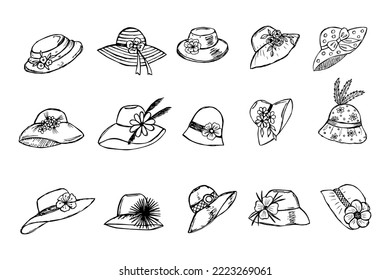 collection of hand drawn elegant ladies hats, doodle style