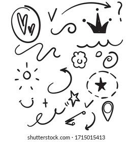 collection of hand drawn element for your design. contain swoops, emphasis, highlight text, swirl, arrow and more. in doodle style