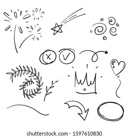 collection of Hand drawn elements, black on white background. Arrow, heart, leaf, crown , swirls
