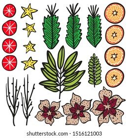 Collection of hand drawn elements of decor for Christmas Wreath. Vector illustration.