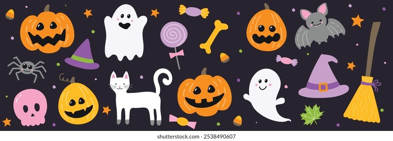 Collection of a hand drawn elements for Halloween. Vector illustration